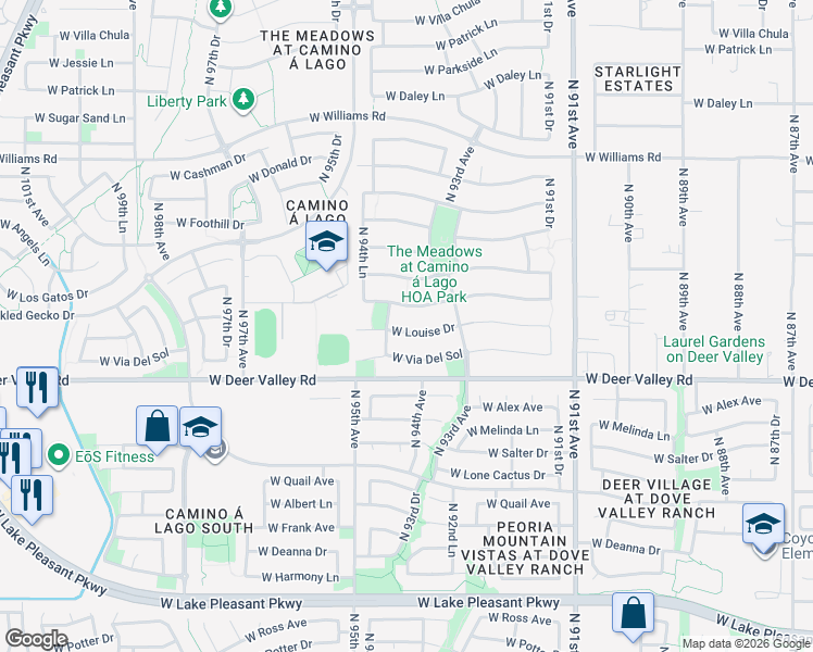 map of restaurants, bars, coffee shops, grocery stores, and more near 9384 West Sands Drive in Peoria