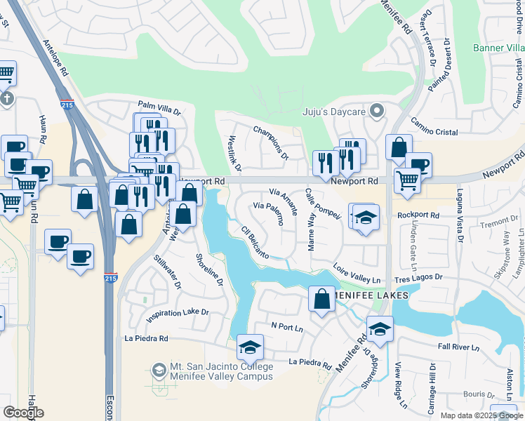 map of restaurants, bars, coffee shops, grocery stores, and more near 30127 Vía Palermo in Menifee