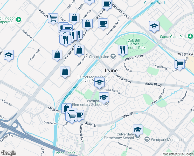 map of restaurants, bars, coffee shops, grocery stores, and more near 77 Abrazo Aisle in Irvine