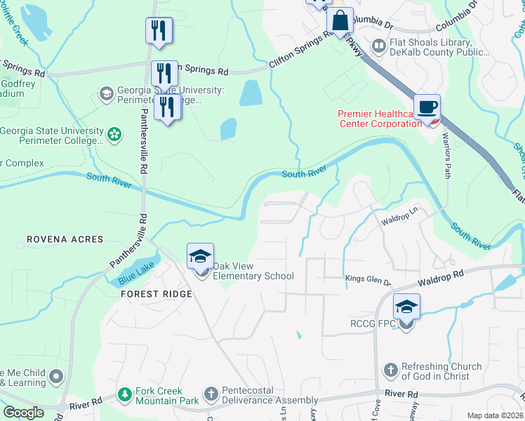 map of restaurants, bars, coffee shops, grocery stores, and more near 16102 Waldrop Cove in Decatur