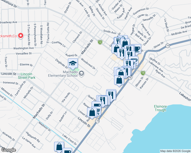 map of restaurants, bars, coffee shops, grocery stores, and more near 282 Parkview Drive in Lake Elsinore
