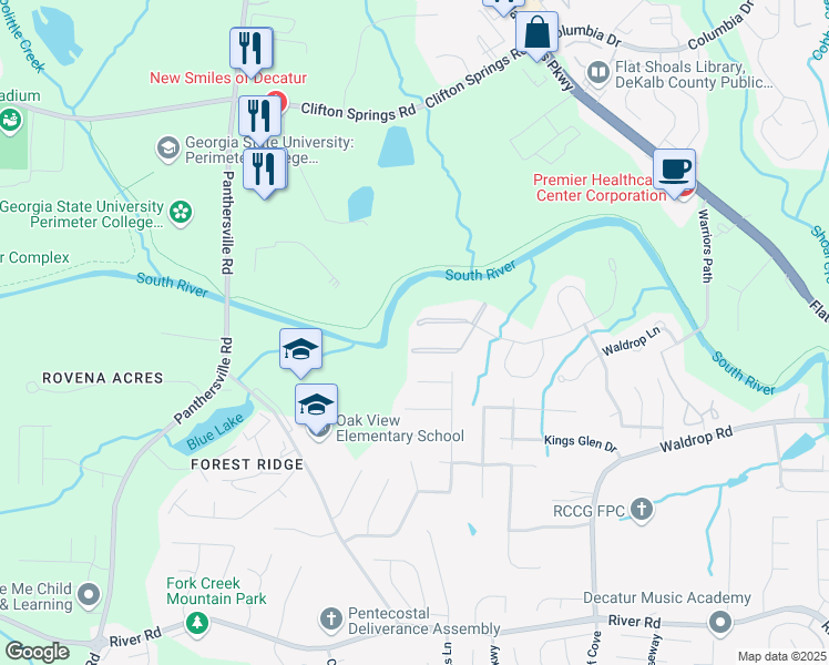 map of restaurants, bars, coffee shops, grocery stores, and more near 16102 Waldrop Cove in Decatur