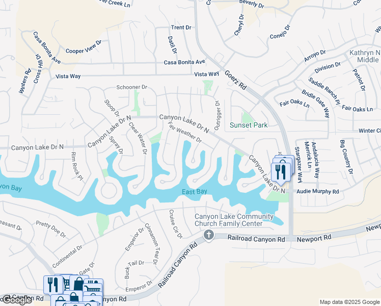 map of restaurants, bars, coffee shops, grocery stores, and more near 30121 Boat Haven Drive in Canyon Lake