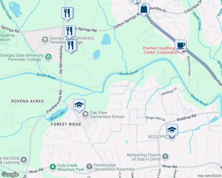 map of restaurants, bars, coffee shops, grocery stores, and more near 16102 Waldrop Cove in Decatur