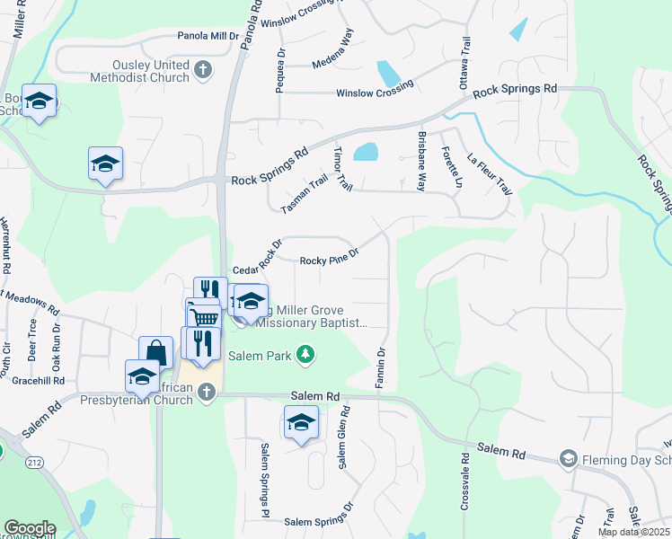 map of restaurants, bars, coffee shops, grocery stores, and more near 5350 Rocky Pine Drive in Stonecrest