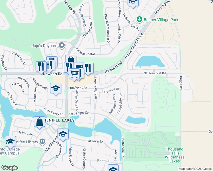 map of restaurants, bars, coffee shops, grocery stores, and more near 29653 Rigging Way in Menifee