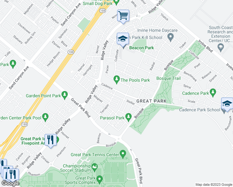 map of restaurants, bars, coffee shops, grocery stores, and more near 139 Stellar in Irvine