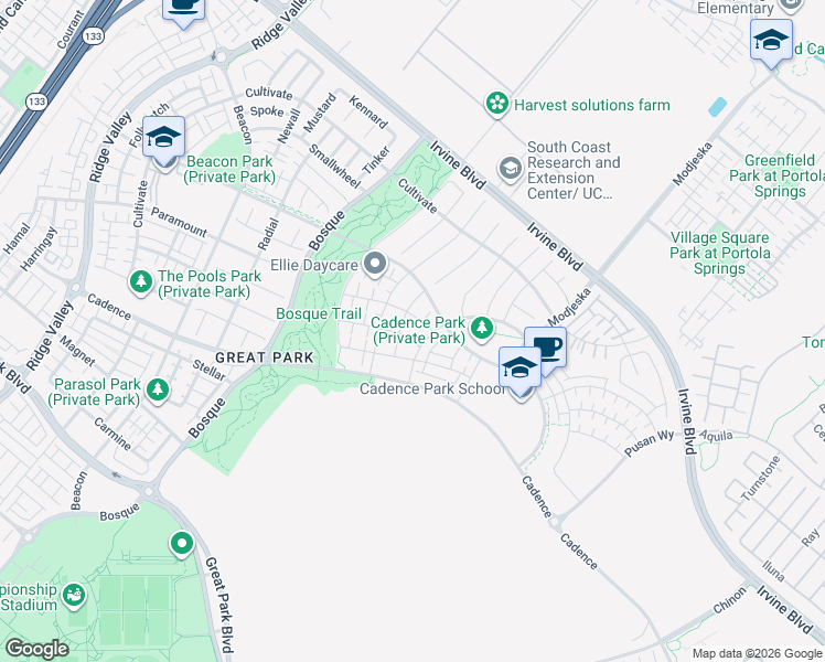 map of restaurants, bars, coffee shops, grocery stores, and more near 126 Spiral in Irvine