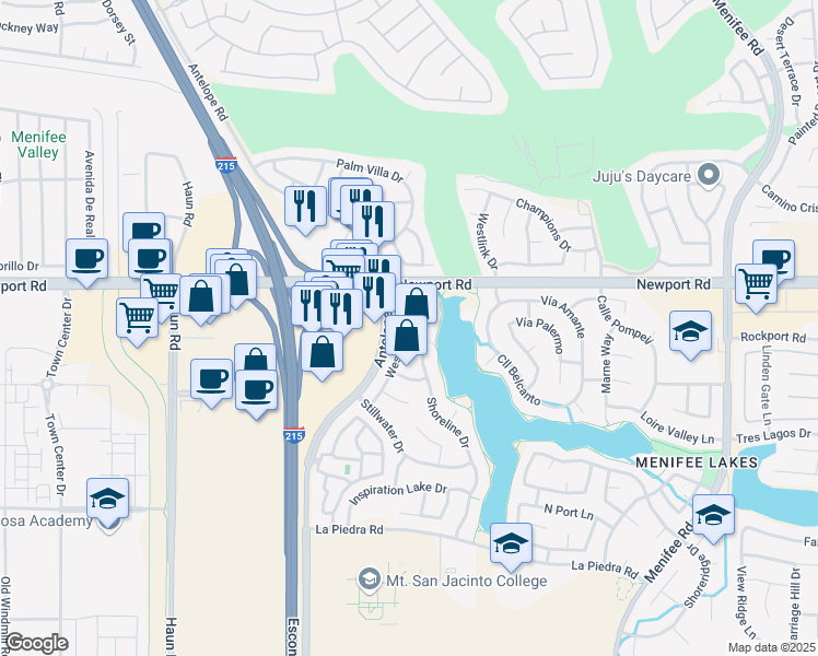 map of restaurants, bars, coffee shops, grocery stores, and more near 30106 Westlake Drive in Menifee