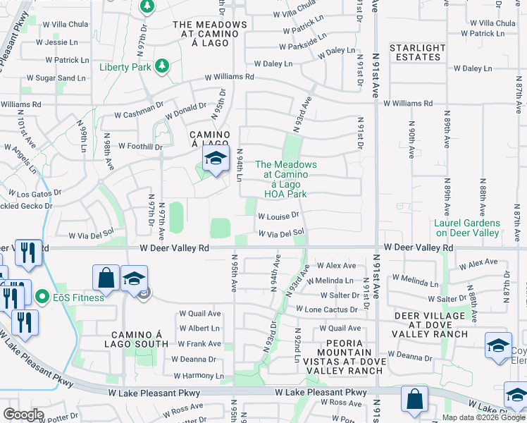 map of restaurants, bars, coffee shops, grocery stores, and more near 9384 West Sands Drive in Peoria
