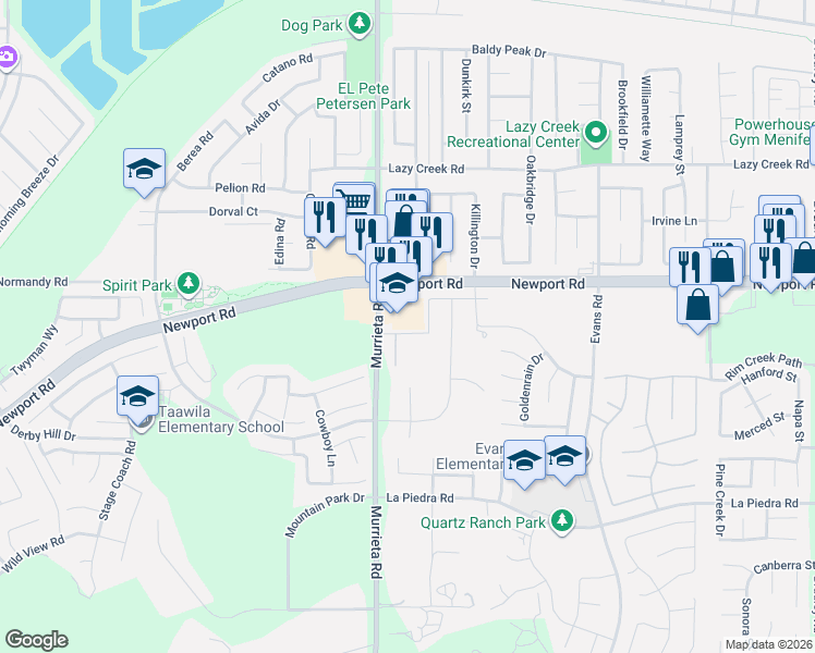 map of restaurants, bars, coffee shops, grocery stores, and more near 30166 Murrieta Road in Menifee