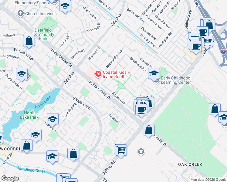 map of restaurants, bars, coffee shops, grocery stores, and more near 15431 Toulouse Circle in Irvine
