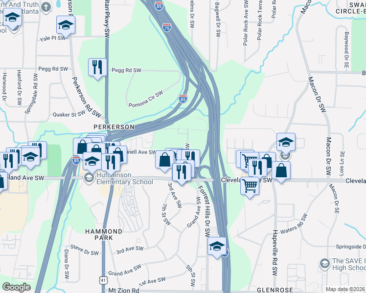 map of restaurants, bars, coffee shops, grocery stores, and more near 2601 Beeler Drive Southwest in Atlanta