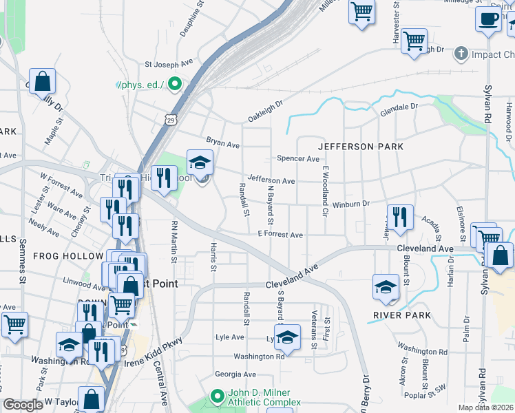 map of restaurants, bars, coffee shops, grocery stores, and more near 1365 Winburn Drive in East Point