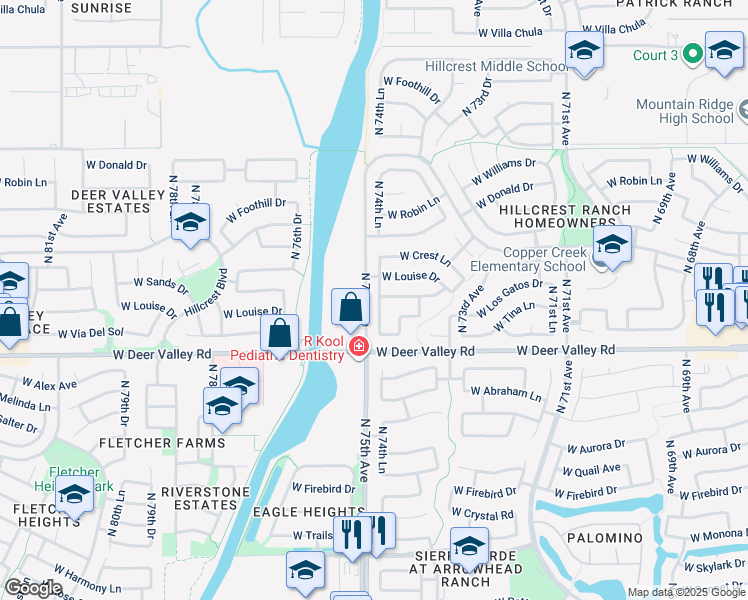map of restaurants, bars, coffee shops, grocery stores, and more near 21964 North 74th Lane in Glendale