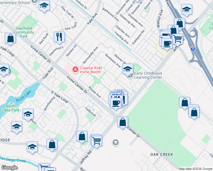 map of restaurants, bars, coffee shops, grocery stores, and more near 5252 Burgundy Circle in Irvine