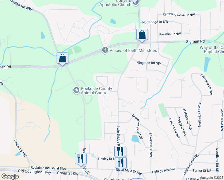 map of restaurants, bars, coffee shops, grocery stores, and more near 1634 Pinedale Circle Northwest in Conyers