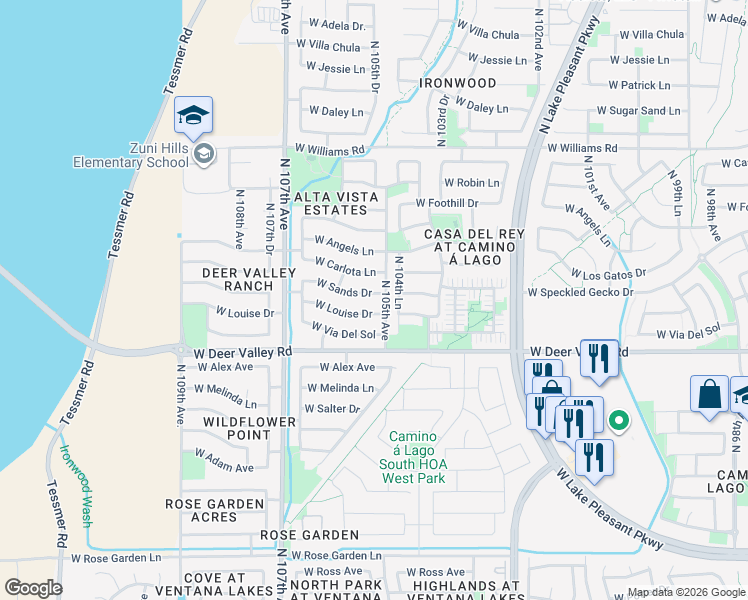 map of restaurants, bars, coffee shops, grocery stores, and more near 10517 West Sands Drive in Peoria
