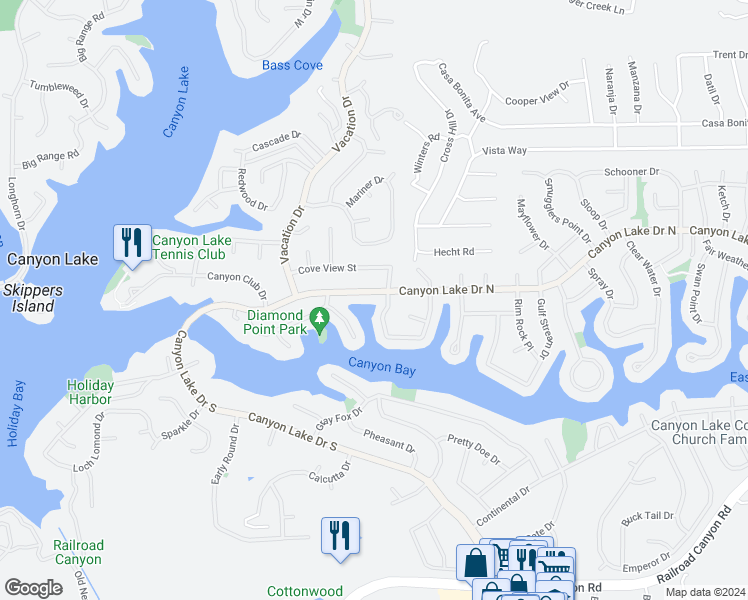 map of restaurants, bars, coffee shops, grocery stores, and more near 22925 Canyon Lake Drive North in Canyon Lake