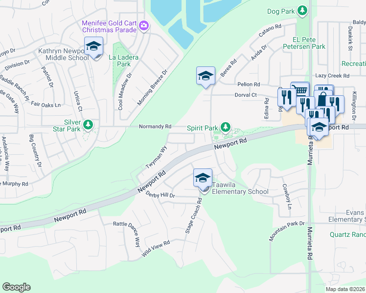 map of restaurants, bars, coffee shops, grocery stores, and more near 25320 Hitch Rail Lane in Menifee