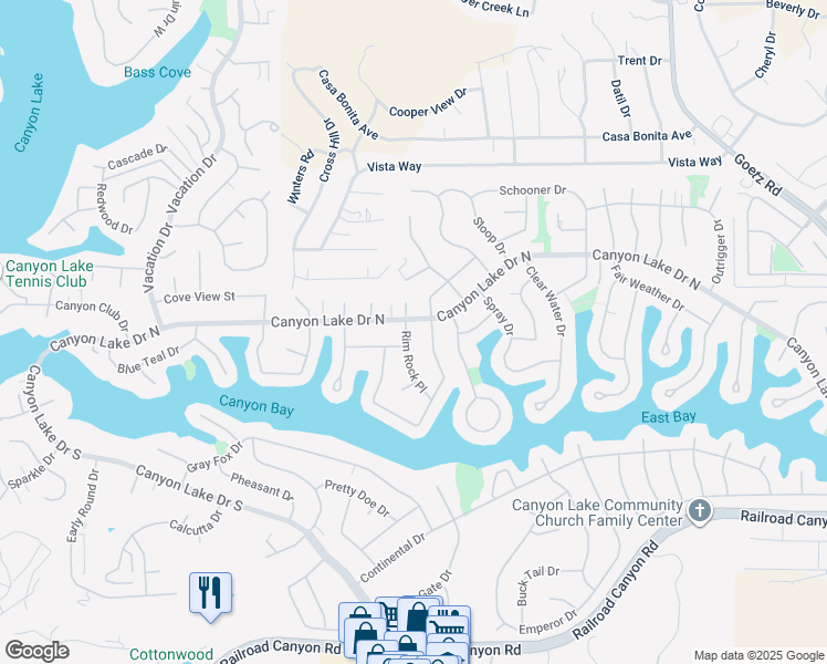 map of restaurants, bars, coffee shops, grocery stores, and more near 30092 Rim Rock Place in Canyon Lake