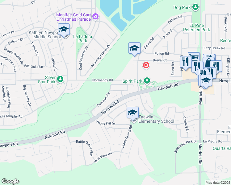 map of restaurants, bars, coffee shops, grocery stores, and more near 25299 Hitch Rail Lane in Menifee