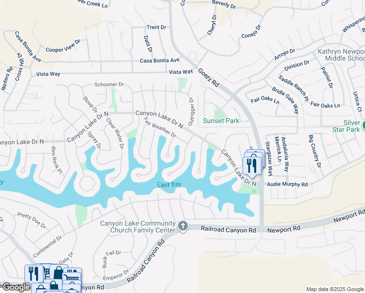 map of restaurants, bars, coffee shops, grocery stores, and more near 30097 Skippers Way Drive in Canyon Lake