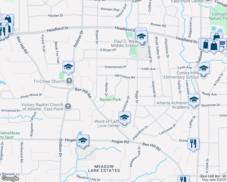 map of restaurants, bars, coffee shops, grocery stores, and more near 2619 Harmony Way in East Point