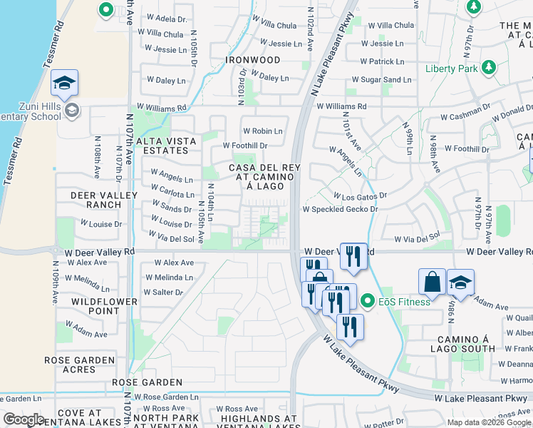 map of restaurants, bars, coffee shops, grocery stores, and more near 10325 West Sands Drive in Peoria