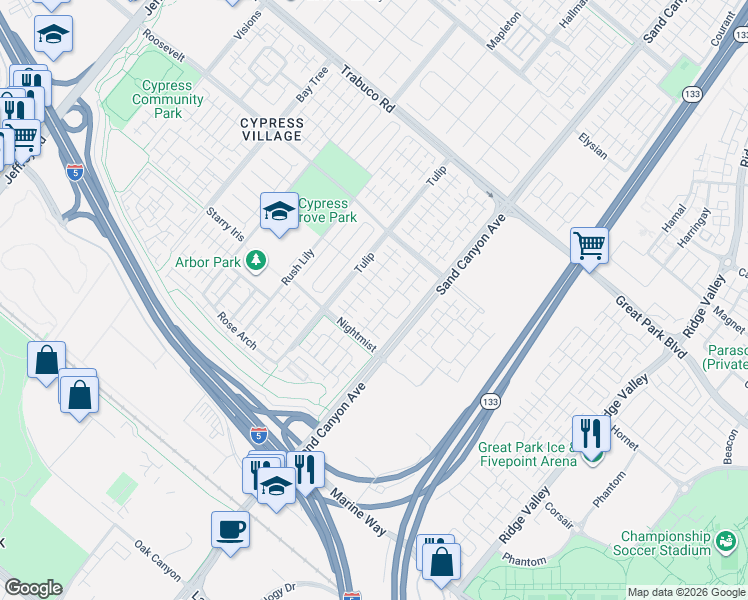 map of restaurants, bars, coffee shops, grocery stores, and more near 83 Waterleaf in Irvine