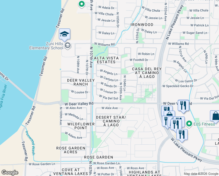 map of restaurants, bars, coffee shops, grocery stores, and more near 10546 West Sands Drive in Peoria