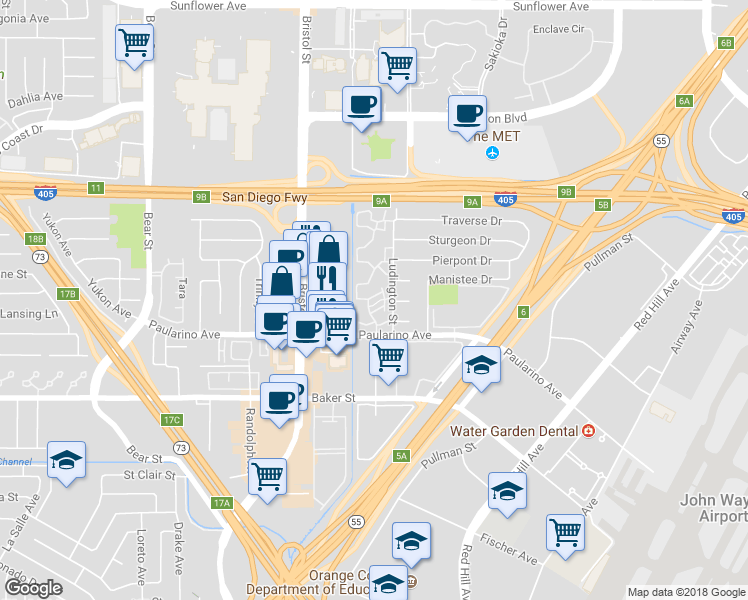 map of restaurants, bars, coffee shops, grocery stores, and more near 603 Brookview Way in Costa Mesa