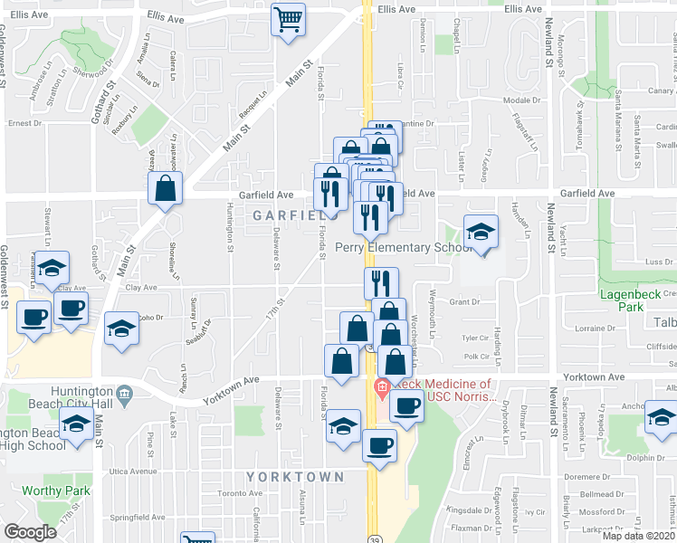 map of restaurants, bars, coffee shops, grocery stores, and more near 19181 Coenson Circle in Huntington Beach