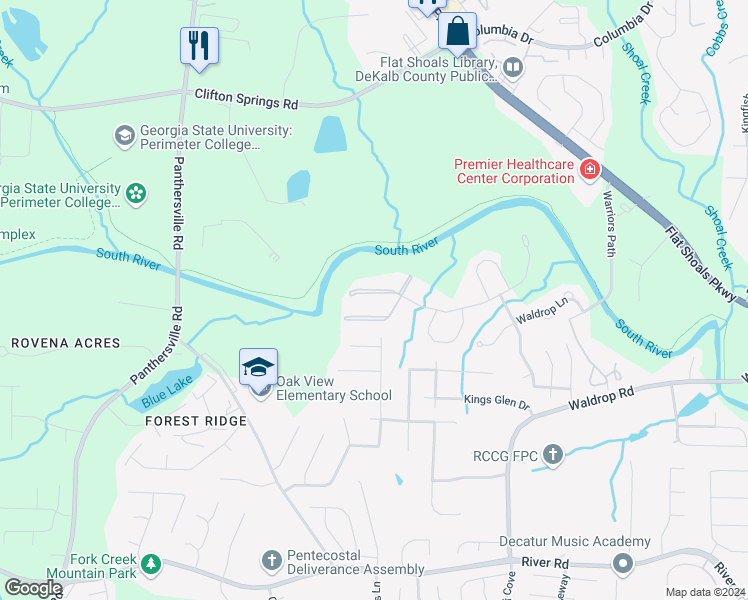 map of restaurants, bars, coffee shops, grocery stores, and more near 14301 Waldrop Cove in Decatur