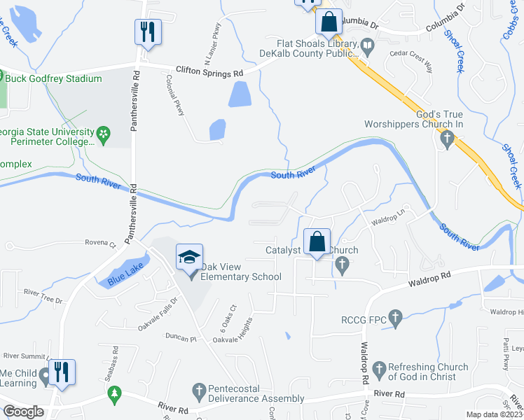 map of restaurants, bars, coffee shops, grocery stores, and more near 19303 Waldrop Trail in Decatur