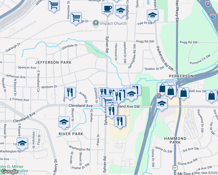 map of restaurants, bars, coffee shops, grocery stores, and more near in East Point