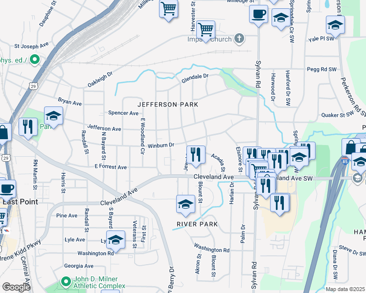 map of restaurants, bars, coffee shops, grocery stores, and more near 1095 Winburn Drive in East Point