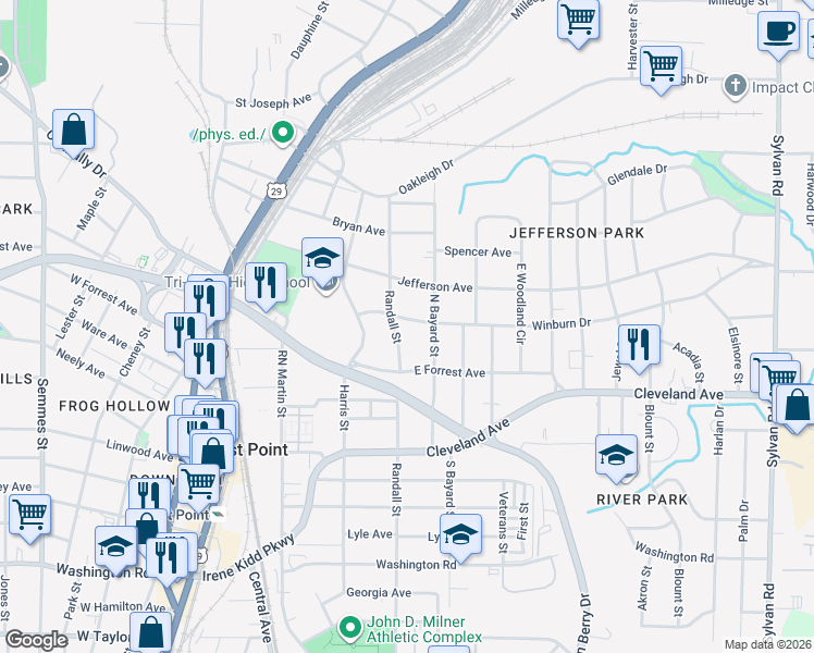 map of restaurants, bars, coffee shops, grocery stores, and more near 1365 Winburn Drive in East Point