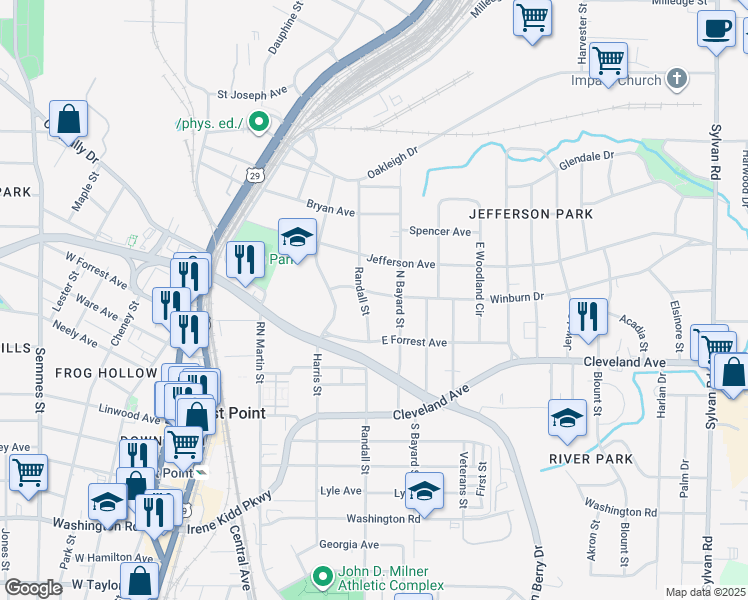 map of restaurants, bars, coffee shops, grocery stores, and more near 1365 Winburn Drive in East Point