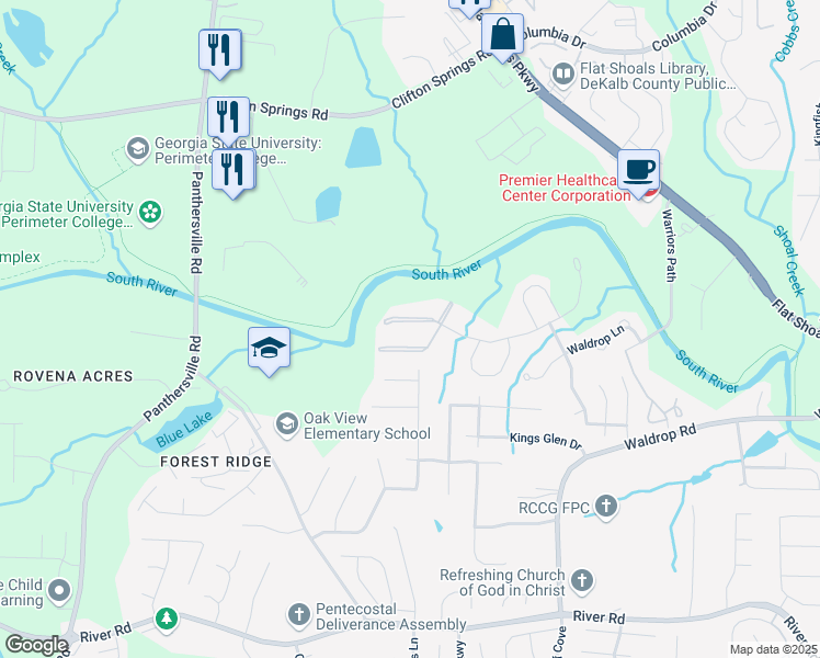 map of restaurants, bars, coffee shops, grocery stores, and more near 14301 Waldrop Cove in Decatur