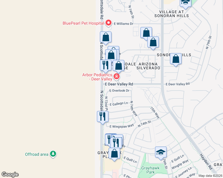 map of restaurants, bars, coffee shops, grocery stores, and more near 7224 East Overlook Drive in Scottsdale