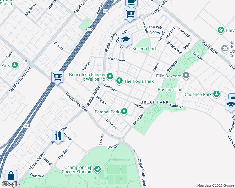 map of restaurants, bars, coffee shops, grocery stores, and more near 130 Terrapin in Irvine