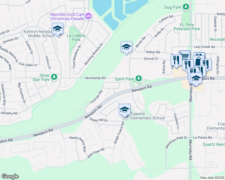 map of restaurants, bars, coffee shops, grocery stores, and more near 25347 Hitch Rail Lane in Menifee