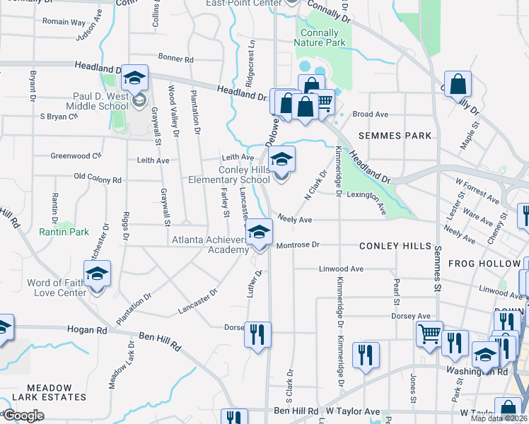 map of restaurants, bars, coffee shops, grocery stores, and more near 2635 Delowe Drive in East Point