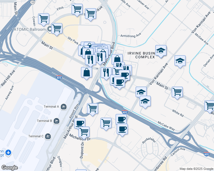 map of restaurants, bars, coffee shops, grocery stores, and more near 1980 Main Street in Santa Ana