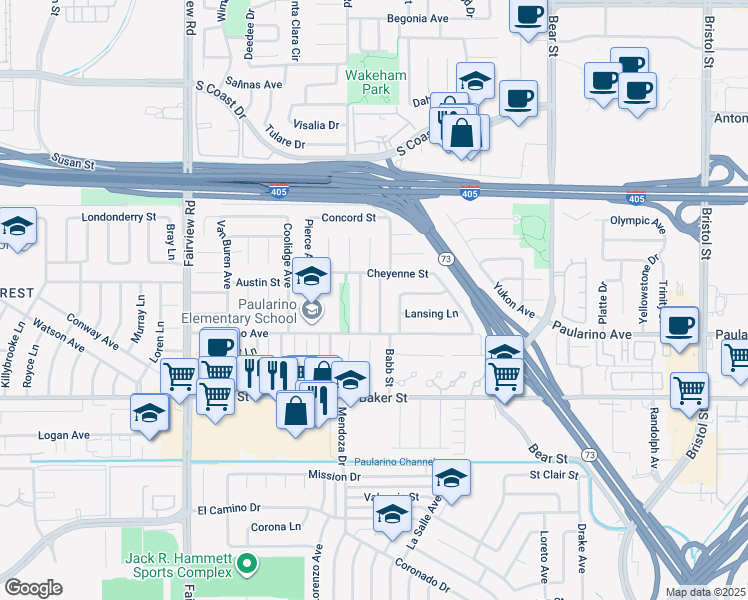 map of restaurants, bars, coffee shops, grocery stores, and more near 3073 Johnson Avenue in Costa Mesa