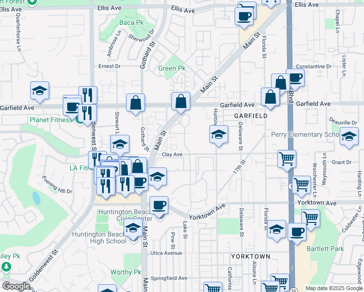map of restaurants, bars, coffee shops, grocery stores, and more near 19215 Shoreline Lane in Huntington Beach