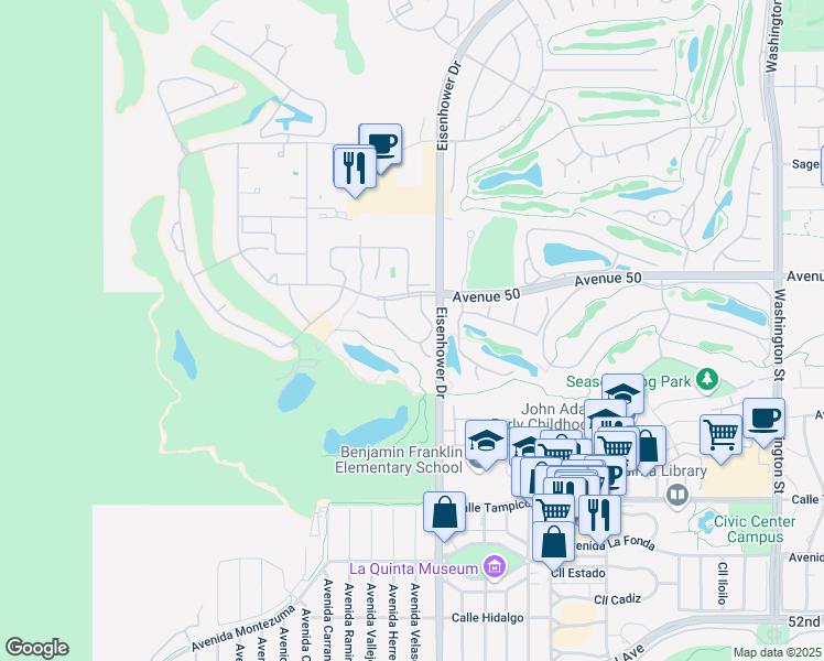 map of restaurants, bars, coffee shops, grocery stores, and more near 77588 Avenida Madrugada in La Quinta