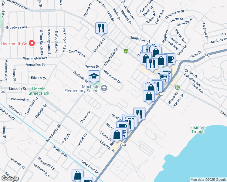 map of restaurants, bars, coffee shops, grocery stores, and more near 596 Parkview Drive in Lake Elsinore
