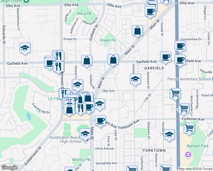 map of restaurants, bars, coffee shops, grocery stores, and more near 19209 Tideline Court in Huntington Beach